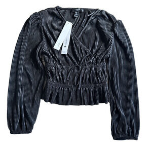 Aqua Girls Accordion Pleat Faux Wrap Top Black Long Sleeve Medium